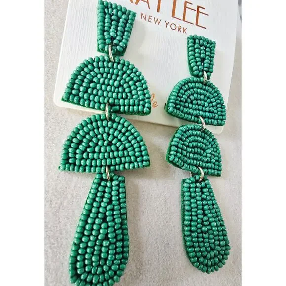 Kay Lee Green Geometric Beaded Earrings New - Picture 3 of 3